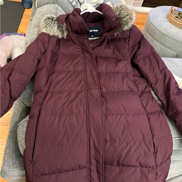 Women's Burgundy Puffer Jacket with Faux Fur Hood